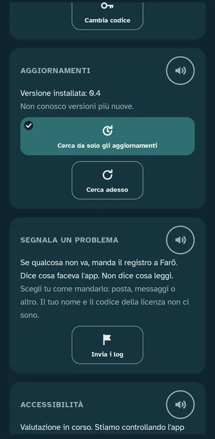 Impostazioni: Aggiornamenti e Segnala un problema