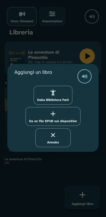Finestra Aggiungi un libro con Dalla Biblioteca Farō e Da un file EPUB sul dispositivo