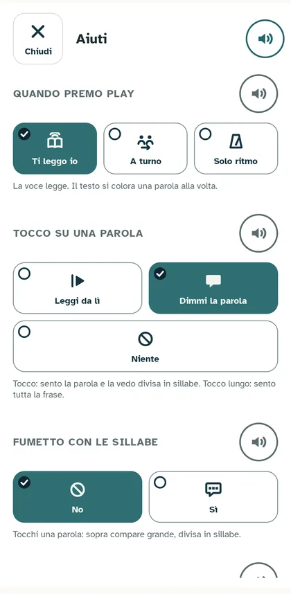 Pannello Aiuti: tessere con simbolo e parola, la scelta con la spunta, altoparlante per ogni sezione