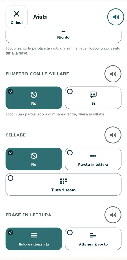 Pannello Aiuti, parte sotto: Sillabe e Frase in lettura