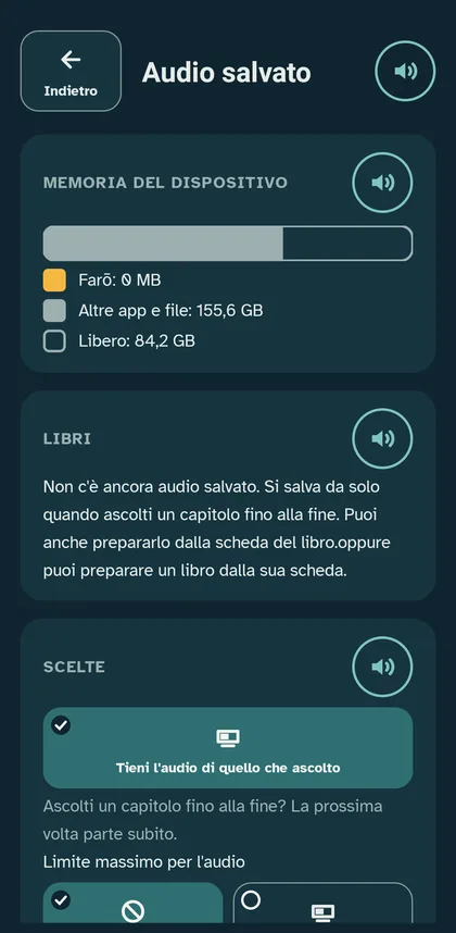 Audio salvato: memoria del dispositivo, libri, scelte