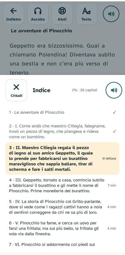 Indice dei capitoli con il capitolo in lettura evidenziato