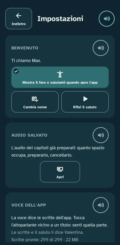 Impostazioni: Benvenuto, Audio salvato, Voce dell'app