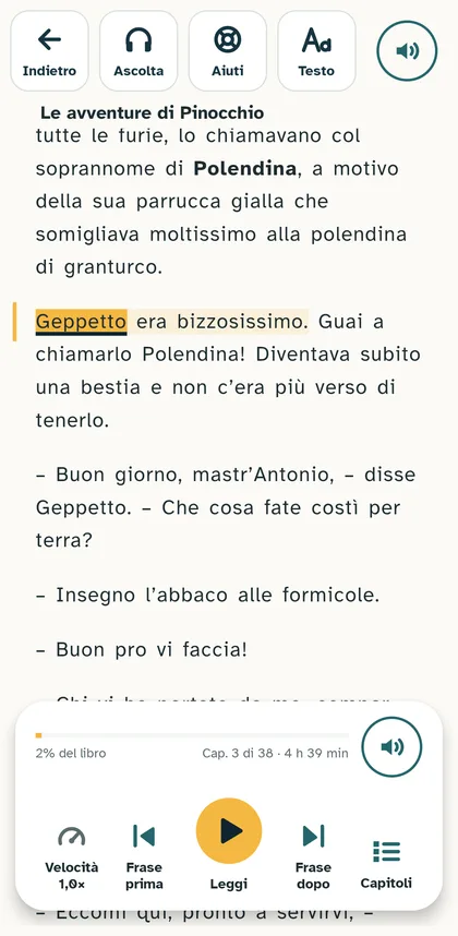 Lettore: la parola in lettura è gialla e sottolineata, ogni comando ha simbolo e parola
