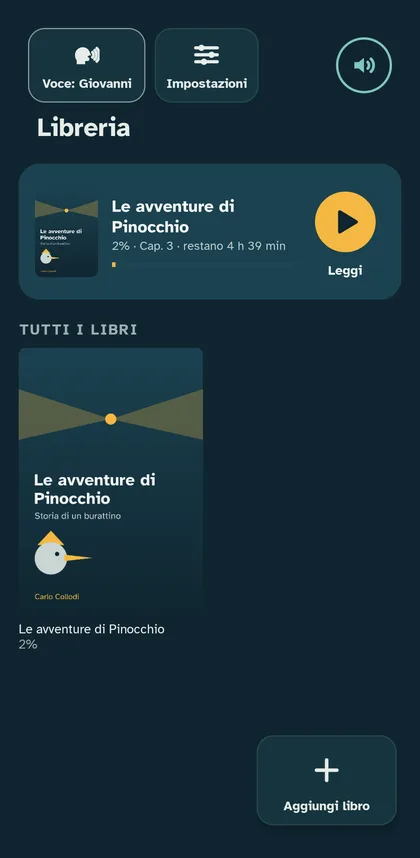 La libreria sul telefono: in alto Voce e Impostazioni, poi il libro da riprendere con il pulsante Leggi, sotto tutti i libri