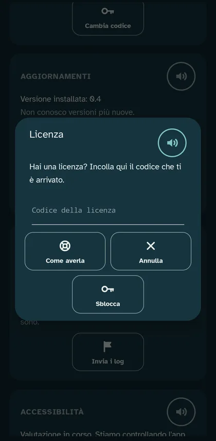 Finestra Licenza con il campo per il codice e i pulsanti Come averla, Annulla, Sblocca