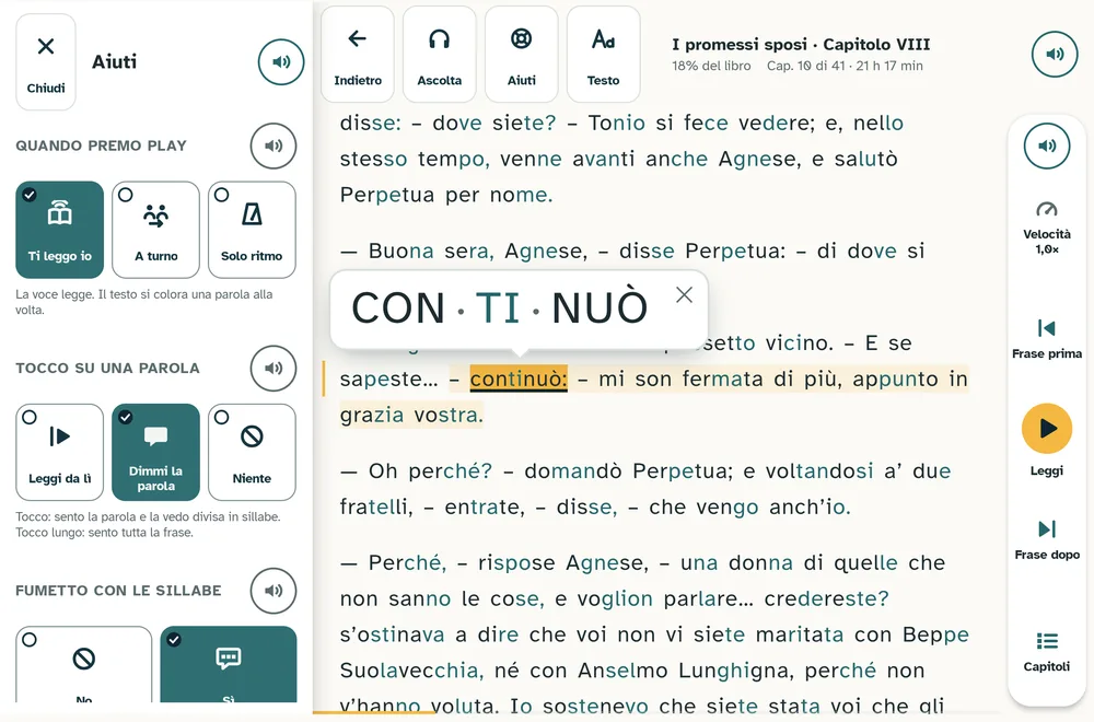 Lettore sul tablet in orizzontale con il pannello Aiuti aperto a sinistra