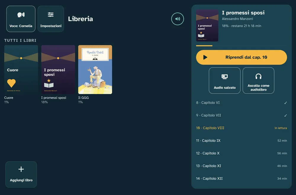 Libreria sul tablet in orizzontale: libri a sinistra, scheda del libro a destra