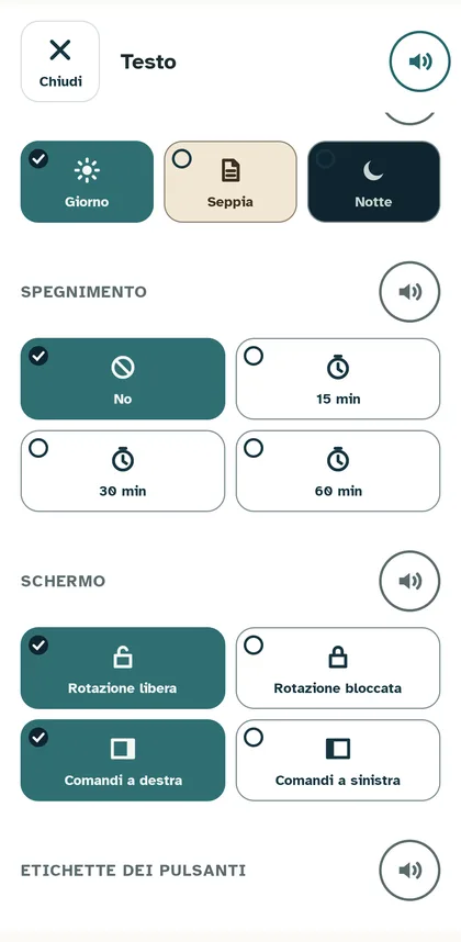 Pannello Testo, parte sotto: tema, spegnimento, schermo, etichette dei pulsanti