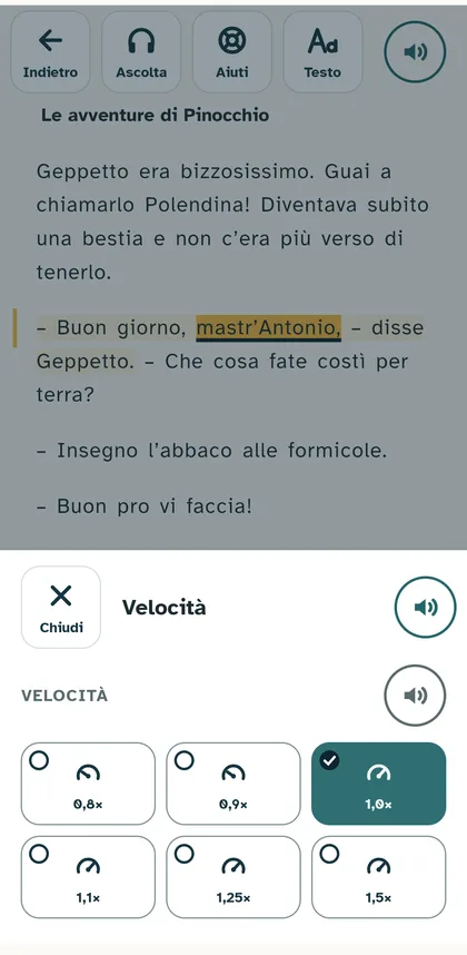 Pannello Velocità con sei scelte da 0,8 a 1,5